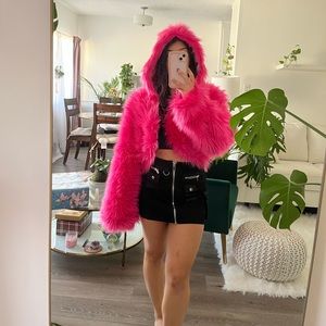 Pink Faux Fur Crop Jacket Coat Rave Festival